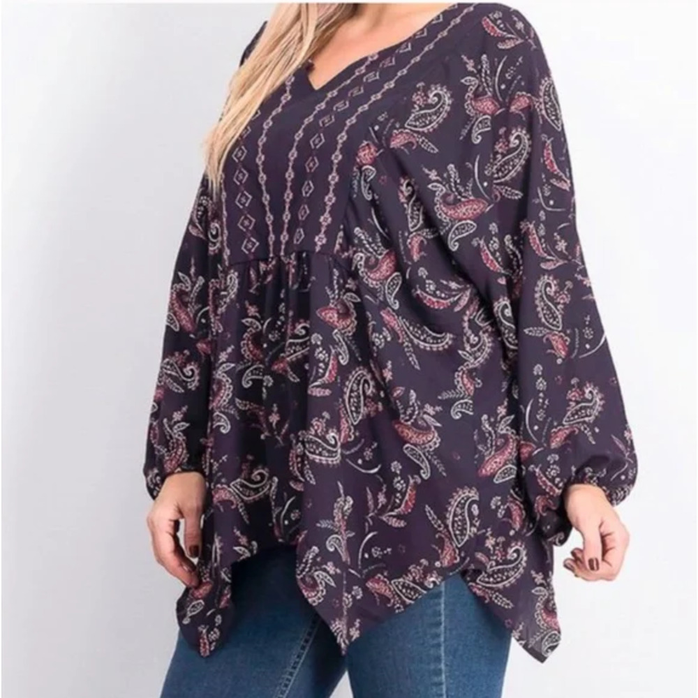 Style & Co Blouse NWT Women's Plus Size 2X Purple Grape Paisley V-Neck Core Boho